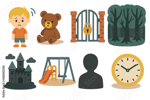 Lost Childhood Icons. Flat vector mini-illustrations helplessness in stories in colors children's illustrations: lost child,