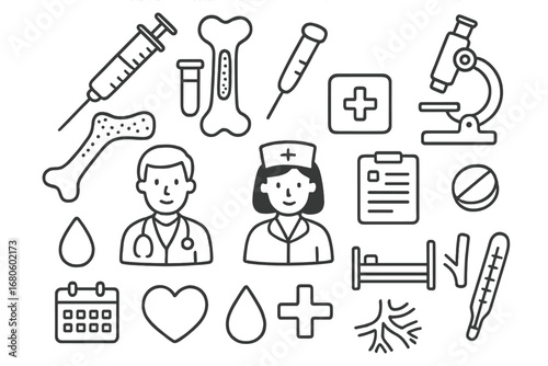 Medical Doodle Icons. Hand-drawn doodle illustration bone marrow biopsy syringe, bone marrow, needle, microscope, doctor, nurse,
