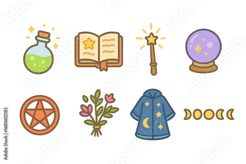 Magical Elements Grid. Flat vector mini-illustrations magical ritual in colors children's illustrations: glowing potion, spellbook