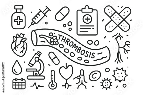 Medical Doodle Icons. Hand-drawn doodle illustration circulatory system thrombosis clot, blood vessel, syringe, pill, microscope,