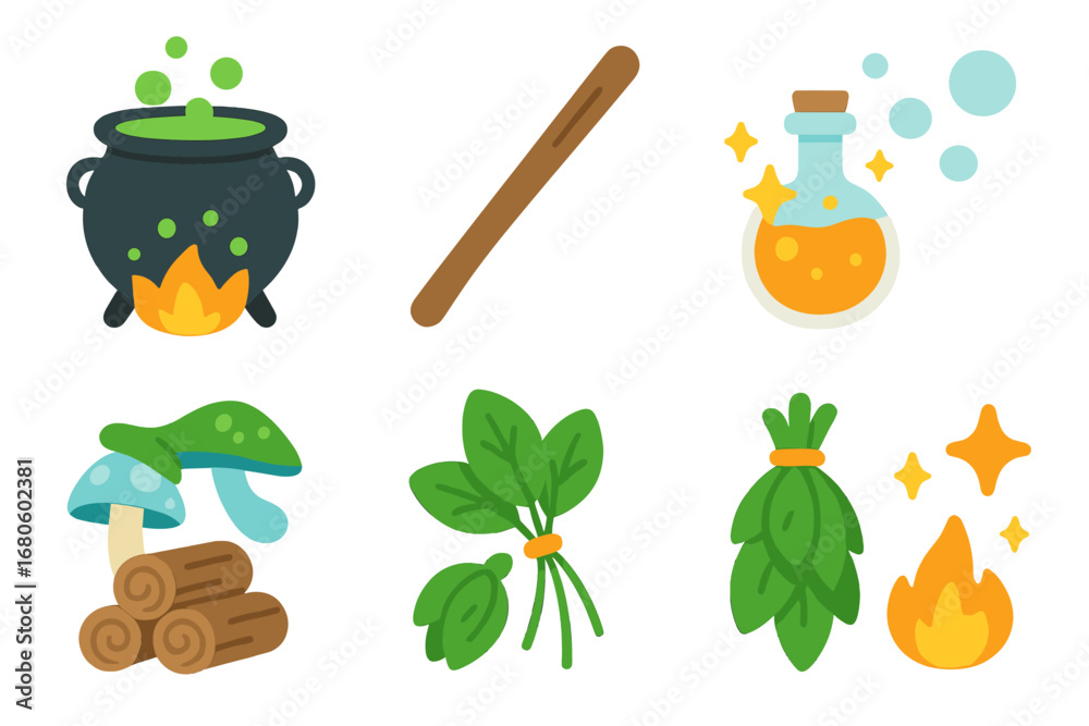 Magical Potion Icons. Flat vector mini-illustrations potion making in colors children's illustrations: bubbling cauldron, stirring Magical Potion Icons. Flat vector mini-illustrations potion making in colors children's illustrations: bubbling cauldron, stirring