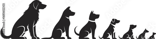 Silhouette Vector of Dogs Sitting in Size Order from Large to Small for Pet Breed and Animal Illustration Projects