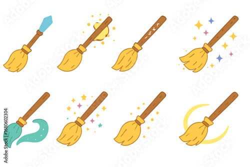 Magical Broomstick Icons. Flat vector mini-illustrations fantasy broomsticks in colors children's illustrations: broom with