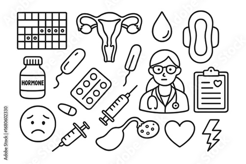 Menstruation Doodle Icons. Hand-drawn doodle illustration reproductive system menstruation calendar, uterus, blood drop, pad,