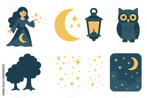 Magical Night Enchantress. Flat vector mini-illustrations night enchantress in colors children's illustrations: moonlit dress,