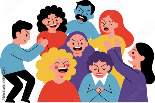 Flat vector illustration showing a toxic environment with a mob of angry individuals in heated dispute and confrontation