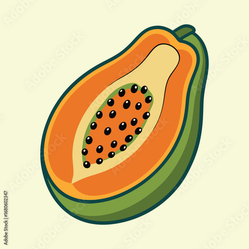 Illustrated Half Papaya with Black Seeds and Green Skin on Pale Background