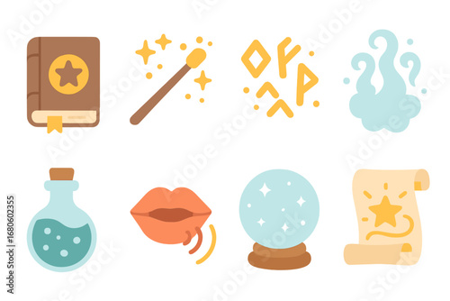 Magical Kids Illustrations. Flat vector mini-illustrations incantation in colors children's illustrations: spell book, magic wand,