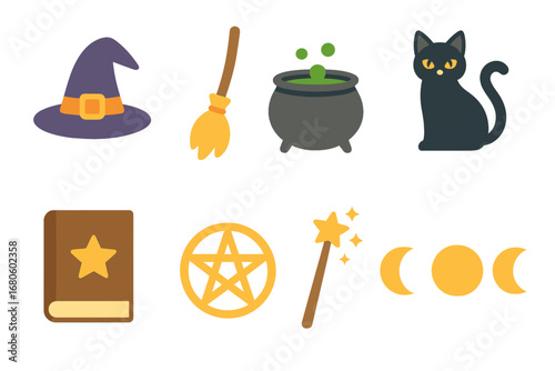 Magical Mini Icons. Flat vector mini-illustrations coven in colors children's illustrations: witches’ hats, broomsticks, black