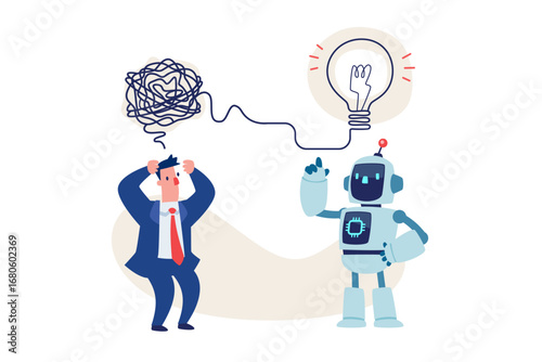robot help confuse businessman clear his idea