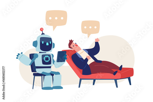 robot therapist engage in a therapy session with businessman lying on a couch
