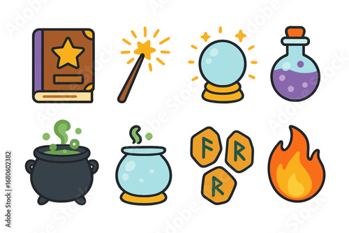 Magical Spell Icons. Flat vector mini-illustrations witch spells in colors children's illustrations: spell book, magic wand,