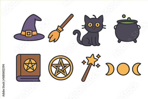 Magical Mini Icons. Flat vector mini-illustrations coven in colors children's illustrations: witches’ hats, broomsticks, black