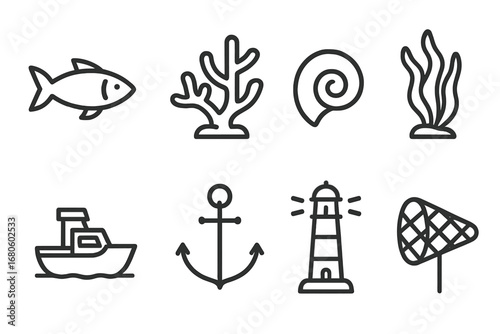 Marine Icon Set. Outline icon set of marine resources: fish, coral, shell, seaweed, boat, anchor, lighthouse, fishing net. Line
