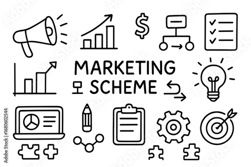 Marketing Elements Doodle. Hand-drawn doodle illustration marketing scheme megaphone, graph, dollar sign, checklist, flowchart,