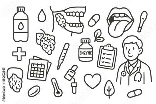 Medical Doodle Icons. Hand-drawn doodle illustration salivary glands hydration water bottle, saliva droplet, salivary glands,