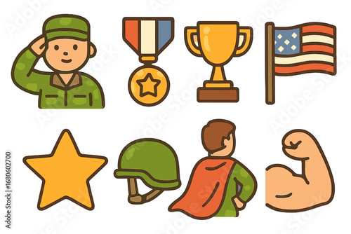 Military Hero Icons. Flat vector mini-illustrations military heroes in colors children's illustrations: soldier salute, medal,