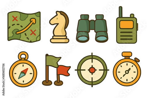Military Tactics Icons. Flat vector mini-illustrations military tactics in colors children's illustrations: strategy map, chess