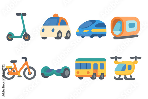 Modern Transport Icons. Flat vector mini-illustrations modern transport in colors children's illustrations: electric scooter,