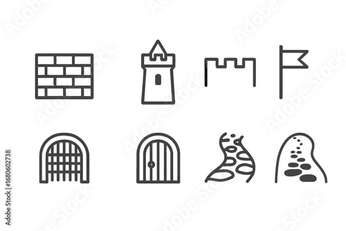 Medieval Castle Icons. Outline icon set of medieval castle architecture: stone wall, turret, rampart, gate arch, flagpole, iron