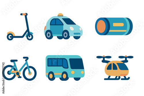 Modern Transport Icons. Flat vector mini-illustrations modern transport in colors children's illustrations: electric scooter,