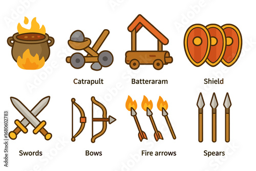 Medieval Defense Icons. Flat vector mini-illustrations battlements defense tools in colors children's illustrations: boiling oil