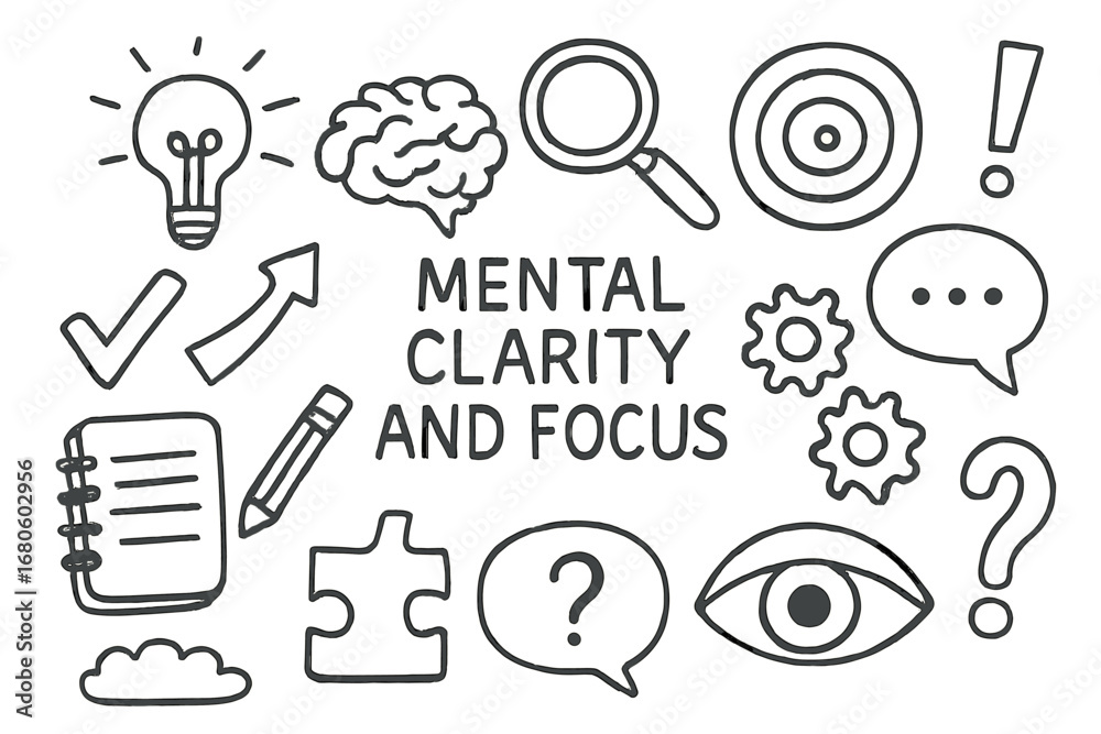 Fototapeta premium Mental Clarity Icons. Hand-drawn doodle illustration Mental clarity and focus light bulb, brain, magnifying glass, target,