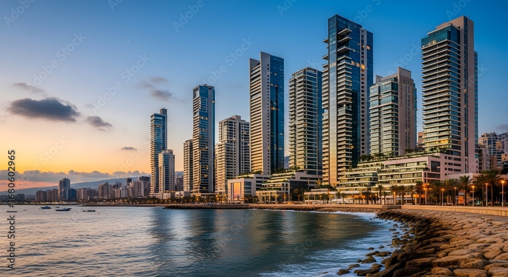Obraz premium Modern Coastal Cityscape at Dusk with High-Rise Buildings