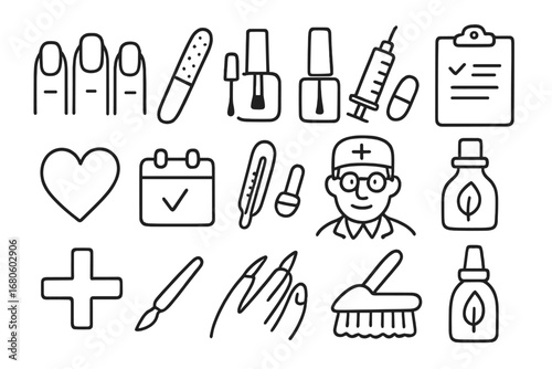 Nail Care Icons. Hand-drawn doodle illustration fingers finger nail care nail file, nail polish, fingers, syringe, pill, clipboard