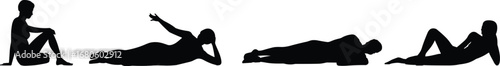 Silhouette vector of four people resting in various relaxed sitting and lying down poses, symbolizing calm, leisure, and relaxation
