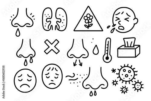 Nasal Health Icons. Hand-drawn doodle illustration nasal conditions inflamed nose, blocked nasal passage, sinus icon, mucus drop,