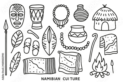 Namibian Cultural Icons. Hand-drawn doodle illustration Namibian culture traditional mask, drum, necklace, basket, hut, spear,