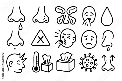 Nasal Health Icons. Hand-drawn doodle illustration nasal conditions inflamed nose, blocked nasal passage, sinus icon, mucus drop,