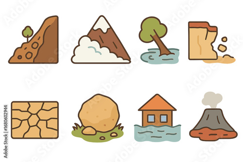 Natural Disaster Icons. Flat vector mini-illustrations natural collapse in colors children's illustrations: landslide, avalanche,