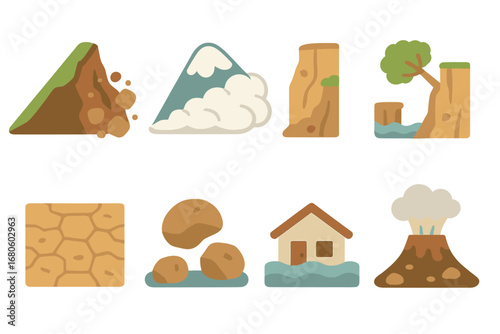 Natural Disaster Icons. Flat vector mini-illustrations natural collapse in colors children's illustrations: landslide, avalanche,