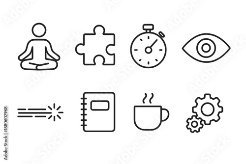 Mental Focus Icons. Outline icon set of mental focus: person meditating, puzzle piece, stopwatch, eye, laser beam, notebook,
