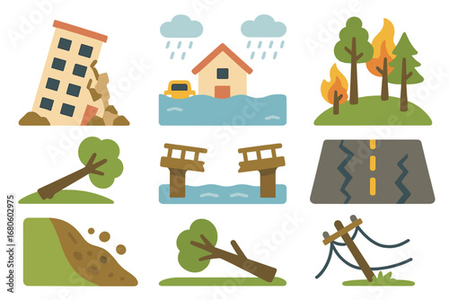 Natural Disasters Icons. Flat vector mini-illustrations natural disaster effects in colors children's illustrations: collapsed