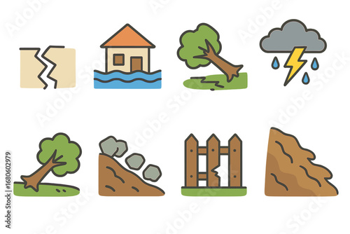 Natural Disaster Icons. Flat vector mini-illustrations natural disaster aftermath in colors children's illustrations: earthquake