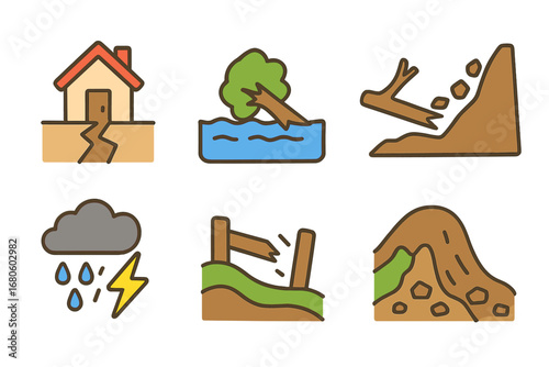 Natural Disaster Icons. Flat vector mini-illustrations natural disaster aftermath in colors children's illustrations: earthquake