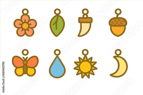 Nature Amulets Collection. Flat vector mini-illustrations nature amulets in colors children's illustrations: flower pendant, leaf