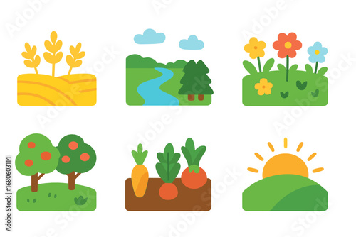Nature Icons Grid. Flat vector mini-illustrations peasant nature in colors children's illustrations: wheat field, river, forest,