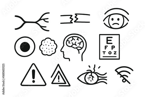 Optic Nerve Injury Doodles. Hand-drawn doodle illustration optic nerve damage optic nerve, broken line, sad eye, vision loss icon,