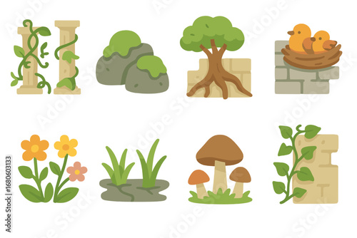 Nature Reclaims Ruins. Flat vector mini-illustrations nature reclaiming ruins in colors children's illustrations: vines growing,
