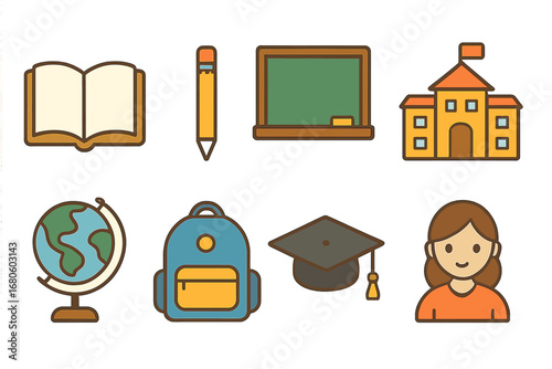 Orphan Education Icons. Flat vector mini-illustrations orphan education in colors children's illustrations: open book, pencil,