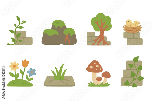 Nature Reclaims Ruins. Flat vector mini-illustrations nature reclaiming ruins in colors children's illustrations: vines growing,
