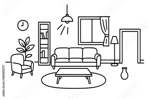 Minimalist Room Illustration. Hand-drawn doodle illustration Minimal furniture for spacious feel empty floor, sofa, coffee table,