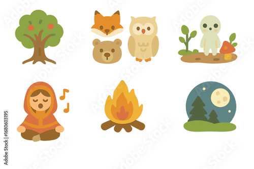 Nature Ritual Icons. Flat vector mini-illustrations nature ritual in colors children's illustrations: sacred tree, animal totems,