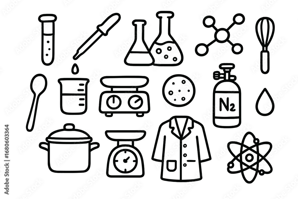 Obraz premium Molecular Gastronomy Icons. Hand-drawn doodle illustration Molecular gastronomy test tube, pipette, flask, molecular structure,