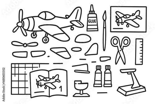 Model Airplane Blueprint. Hand-drawn doodle illustration model airplane airplane, wings, propeller, cockpit, wheels, tail fin,