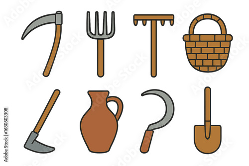 Peasant Tools Icons. Flat vector mini-illustrations peasant tools in colors children's illustrations: scythe, pitchfork, wooden